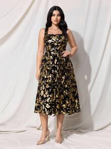 SHEIN MOD 大码复古黑色天鹅绒烫花长裙、派对礼服、闪亮面料、女士夏/秋装连衣裙、生日礼服、优雅派对礼服、女士生日礼服、派对、万圣节服装