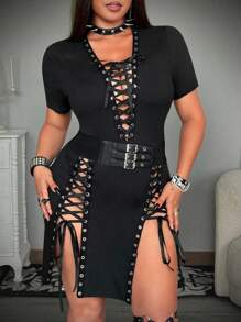 Whyspr Plus Size Criss-Cross Short Sleeve Dress - Black - View 5