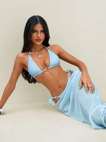 Swim Chiccia 3pcs/Set Top de Bikini con Cuello Halter y Lazo, Braguita Triangular y Pareo Casual de Playa para Mujer, Traje de Baño para Vacaciones de Verano en la Playa - Azul - Ver 2