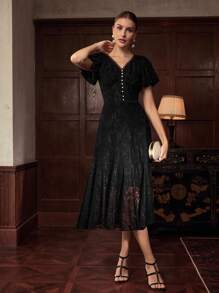 ZEYLAH Thời trang thanh lịch cho phụ nữ dài ren váy với eo định nghĩa - màu đen - Xem 5