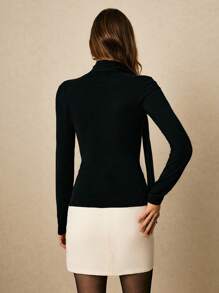 Poéselle Elegant Cut Out Long Sleeve Knit Top With Scarf – Chic Slim Fit Pullover,Long Sleeve Knit Top,Black Elegant Sweater,Scarf Detail Top,Minimalist Fashion Top In Fall/Winter - Black - View 2