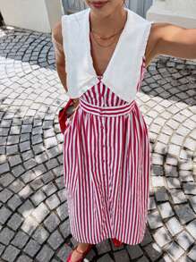 Serisse 复古连衣裙！女士优雅红白条纹无袖长裙 - 2025年秋季最新款教师装 | A字腰长裙，度假、约会、下午茶、通勤和日常穿着的完美之选 | 条纹太阳裙，女士秋季必备单品，返校和机场装扮 | 复古风，端庄大方 | 秋季女装，秋装 - 紅白色 - 查看 6