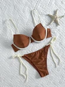 Swim Vcay Bikini 2 pièces en tissu texturé de couleur unie sexy pour femmes, idéal pour les vacances et les fêtes sur la plage