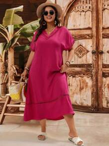 EMERY ROSE 大码女式休闲度假风格 V 领撞色蕾丝蝙蝠袖宽松连衣裙，夏季