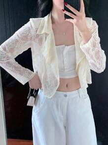 DAZY 女士宽松休闲街头风格撞色蕾丝长袖夹克薄外套，适合春、夏、秋、秋季女装 - 米色 - 查看 3