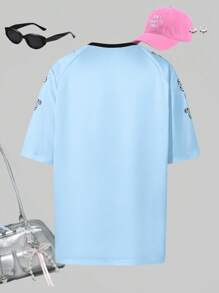 SHEIN Explorewe 青少年女孩蓝色运动休闲时尚街头字母印花图案 T 恤，时尚运动短袖 T 恤，夏季 - 彩色 - 查看 2