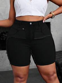 SHEIN SXY Pantalones cortos mini sexy de 2 en 1 de mezclilla casual y elásticos, talla grande, aptos para verano y primavera - Negro - Ver 1