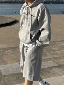 DAZY Men's Letter Print Hoodie Sweatshirt Set, Casual For Spring & Autumn - Grey - View 3