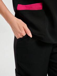 V-Neck Contrast Color Blocked Multi Pocket Short Sleeve Top & Pant Women Scrubs Uniform - Black - View 6