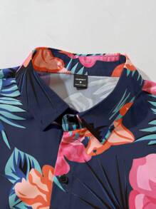 Manfinity RSRT 2 件男士花卉印花纽扣前短袖上衣和短裤套装，休闲，男士两件套服装男士花卉衬衫男士夏威夷印花衬衫男士花衬衫热带男士服装芙蓉衬衫 - 彩色 - 查看 5