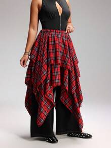 LYSMO 红黑格子松紧腰不对称下摆休闲大码女式中长裙 - 紅色 - 查看 1