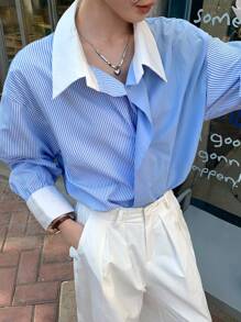 DAZY Women's Striped Casual Patchwork Style Long Sleeve Shirt, College Style,Fall Clothes - Blue - View 3