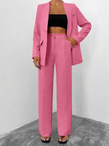 EURMUSE Conjunto de chaqueta y pantalones de unicolor para mujer - Rosa - Ver 1
