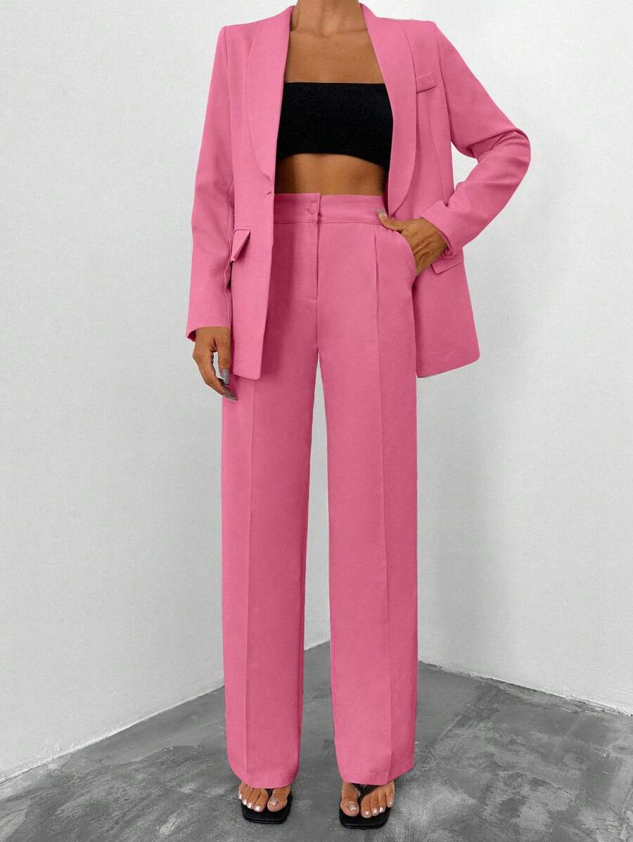 EURMUSE Conjunto de chaqueta y pantalones de unicolor para mujer - Rosa - Ver 1