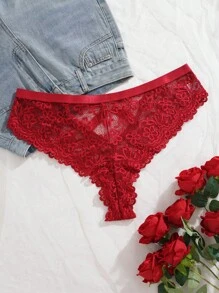 大码女式露背蕾丝性感丁字裤 - 酒紅色 - 查看 6
