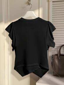SHEIN Privé Camiseta de mujer de unicolor con adorno floral 3D y volantes en el bajo, cuello redondo - Negro - Ver 2