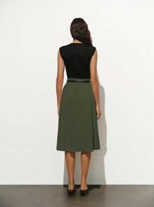 Lumivelle Vestido Midi Feminino de Tricô com Bolso Plissado e Decote Redondo