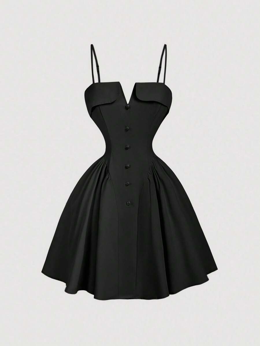 SHEIN MOD 女士 V 领纯色纽扣设计优雅无袖连衣裙 - 黑色 - 查看 1