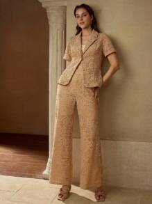 MOTF PREMIUM GUIPURE LACE WIDE LEG SUIT PANTS - Coffee Brown - View 6