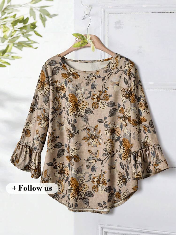 Women's Floral Print Round Neck Flare Sleeve Loose Shirt, Vacation Wear