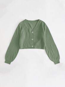 Cloudara Solid Button Front Bishop Sleeve Cardigan - Mint Green - View 3