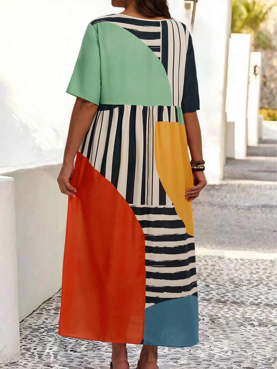 Plus Size Striped Printed Colorblock Round Neck Casual Flowy Dress,Geometric Autumn Fall Clothes For Women,Beige,Summer,Boho,Vacation,Holiday Outfit