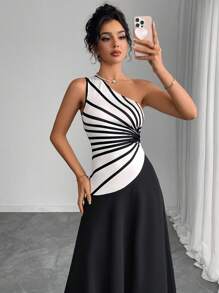 INAWLY Women's Extra Long Loose Dress, Asymmetric Shoulder, Minimalist & Fashionable Style - Black and White - View 6
