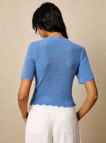 Poéselle Women's Solid Color Arched V-Neck Single-Breasted Short Sleeve Casual Knit Top Fall Tops,Knitted Sweater - Blue - View 2