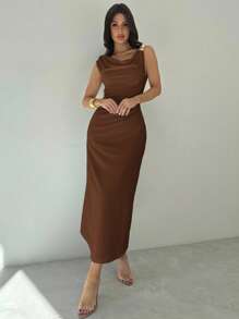 Firerie 女士白色肩带荷叶边腰部中长连衣裙，百搭 - 优雅通勤，性感度假，时尚前卫，春夏季，适合通勤、优雅、性感、度假、海滩、夏威夷、婚礼季、毕业典礼、舞会 - 棕色 - 查看 5