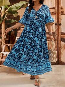 EMERY ROSE Plus Size Women's Floral Print V-Neck Tiered Ruffle Sleeve Long Maxi Dress, Summer Holiday Style Floral Maxi Dress Plus Size Floral Maxi Dress Summer Dresses For Women,Flowy Dress Plus Size Blue Floral Dress Plus Size Boho Dress Plus Size Summer Dress Plus Size Vacation Dress