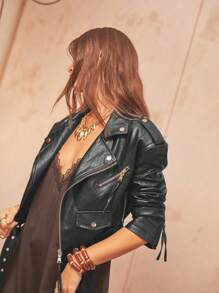 Aralina PU 仿皮机车夹克 短款机车夹克 前卫街头风 系带外套 - 黑色 - 查看 5