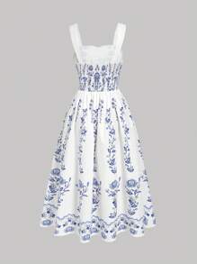 SHEIN MOD Vestido maxi de corte evasé con estampado vintage azul sobre fondo blanco, talla grande