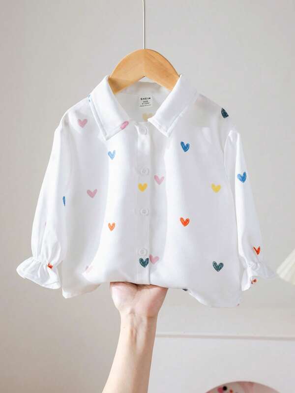 Chemise à manches longues décontractée et polyvalente pour bébé fille avec imprimé cœur