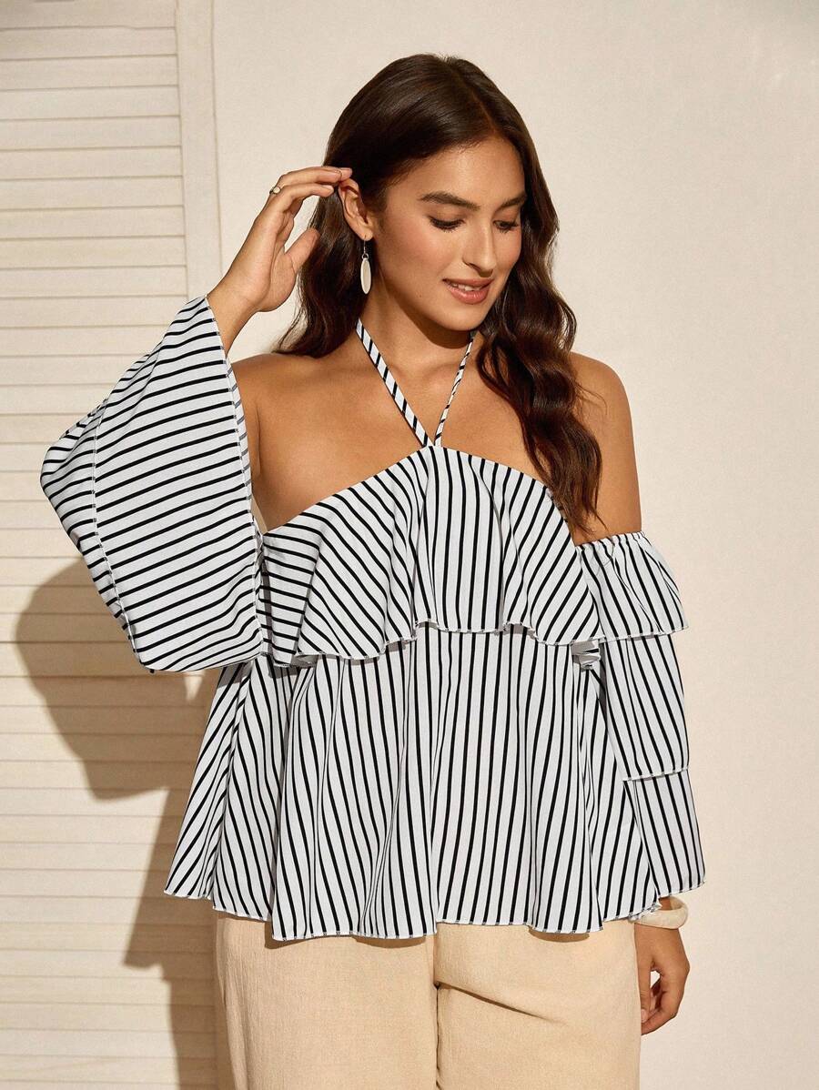 EMERY ROSE 大码黑白条纹休闲无袖细肩带背心，修身设计