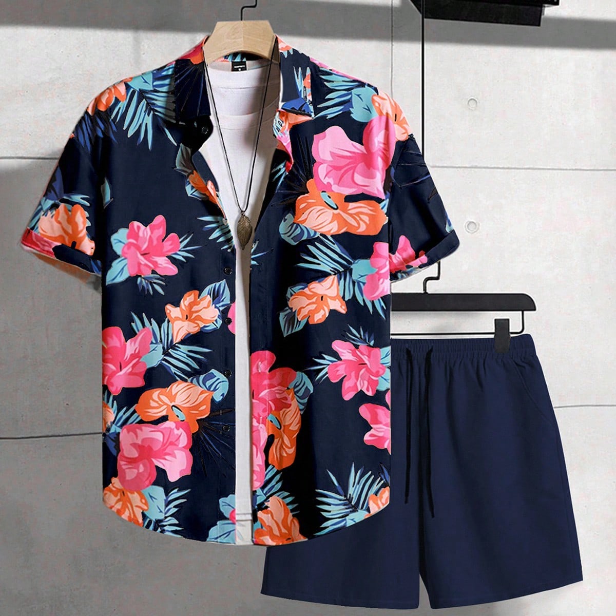 Conjunto de 2 piezas de camisa de manga corta con botones y estampado floral, y pantalones cortos para hombres, informal, ropa de dos piezas para homb