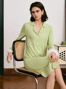 Moireta Elegante camisón de mujer con parche de encaje y puño esponjoso - Verde - Ver 3