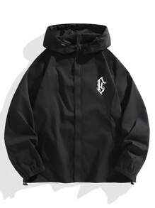 Manfinity EZcore 加大码男士长袖字母印花休闲宽松连帽夹克，黑色连帽衫，街头风，秋季款 - 黑色 - 查看 1