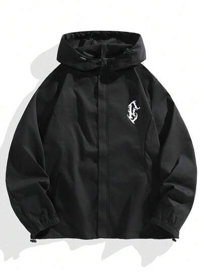 Manfinity EZcore Plus Size Men's Letter Graphic Print Casual Loose Fit Hooded Jacket, Black Jacket Hoodie, Jackets Street Wear, Letter Man Jacket , Fall