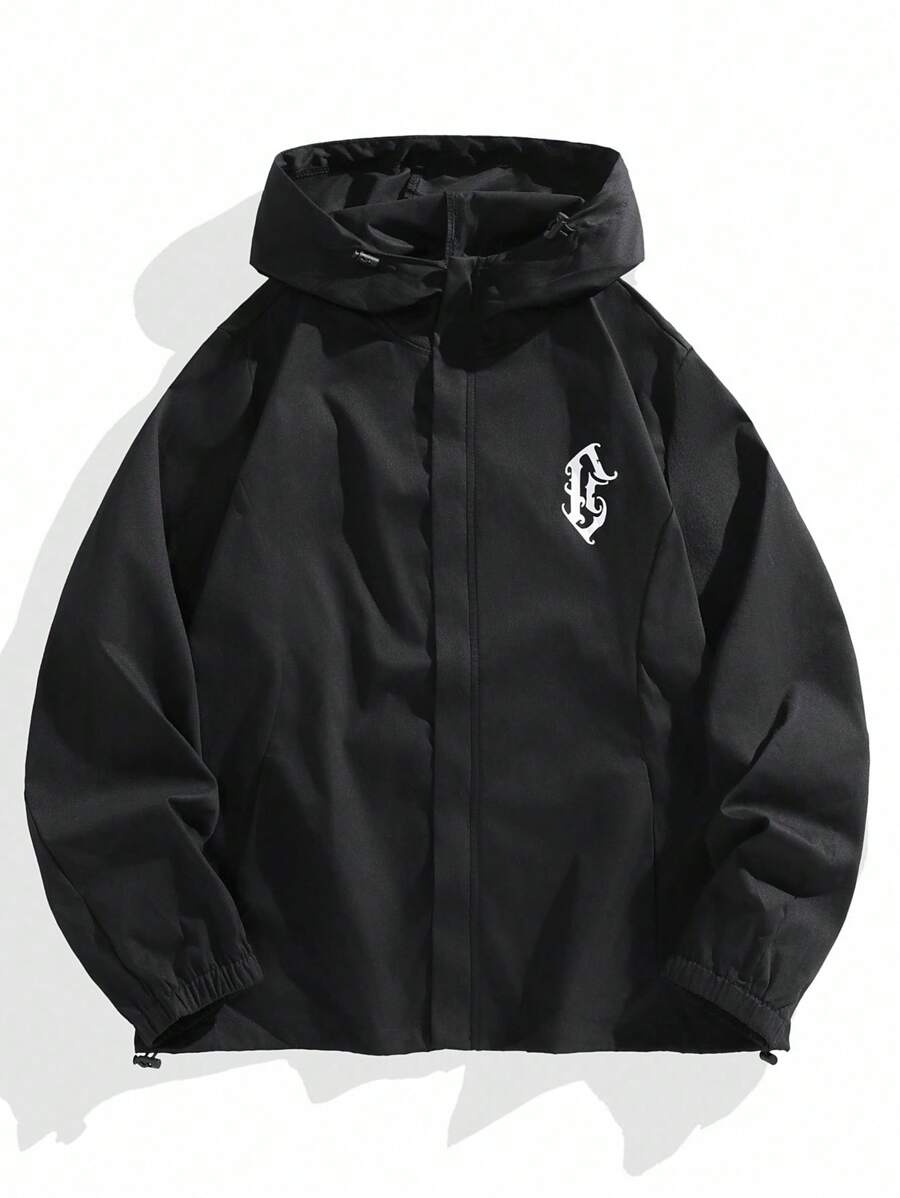 Manfinity EZcore 加大码男士长袖字母印花休闲宽松连帽夹克，黑色连帽衫，街头风，秋季款 - 黑色 - 查看 1