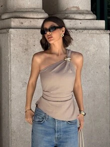 Siren Gaze 金属扣装饰不对称领侧褶办公室女士无袖衬衫，女式秋季上衣单肩上衣浅棕色上衣裸色上衣女式上衣办公室服装