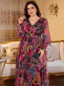 Modelyn 全新奢华优雅蓬松V领长袖连衣裙 - 玫紅色 - 查看 6