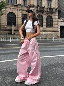 Coolane Women's Summer Concert Rave Festival Going Out Y2K Vintage Streetwear Graphics Pink Sportswear Wide Leg Pants - Pink - View 6