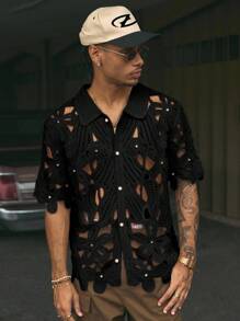 AXEPEAK Men's Summer Fashionable Solid Color Hollow-Out Knit Top