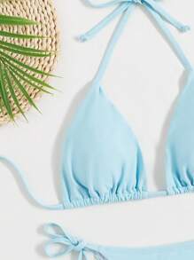 Swim Mod Summer Beach Halter Triangle Tie Side Bikini - Baby Blue - View 6
