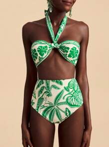 Travachic 女士夏季度假海滩热带印花吊带比基尼套装 - 綠色 - 查看 6
