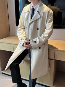 Claim Dot 男士纯色翻领长袖双排扣休闲风衣，米色，送给男友的绝佳礼物，韩版、欧版、复古风，秋季必备。 - 杏色 - 查看 4