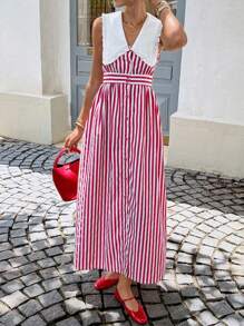 Serisse 复古连衣裙！女士优雅红白条纹无袖长裙 - 2025年秋季最新款教师装 | A字腰长裙，度假、约会、下午茶、通勤和日常穿着的完美之选 | 条纹太阳裙，女士秋季必备单品，返校和机场装扮 | 复古风，端庄大方 | 秋季女装，秋装 - 紅白色 - 查看 5