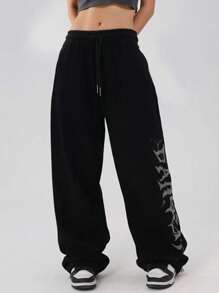 INAWLY Plus Size Women's Letter Print Drawstring Waist Pockets Casual Sweatpants,Black Winter Oversized Everyday Teacher Outfits Back To School Fall Cloth - Black - View 2