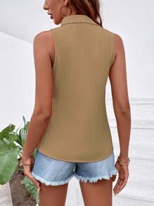 SHEIN LUNE 夏季无袖休闲纯色衬衫 - 卡其色 - 查看 2