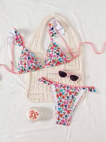 Swim Mod Women's Minimalist Triangle Bikini Set With Floral Beach Print For Summer Beach Vacation - Multicolor - View 3